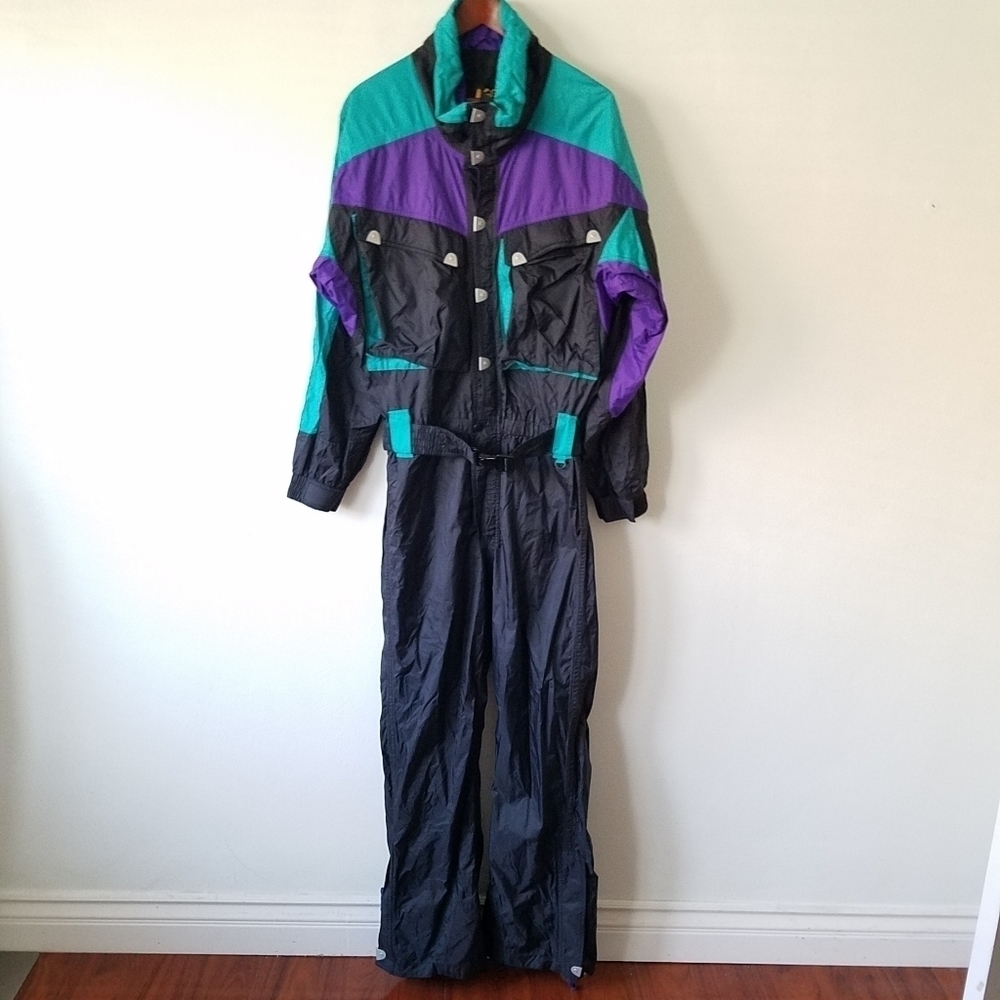 Vingtage 80s REI Ski Snowboard  Jumpsuit Nylon Black Blue Purple Size Large